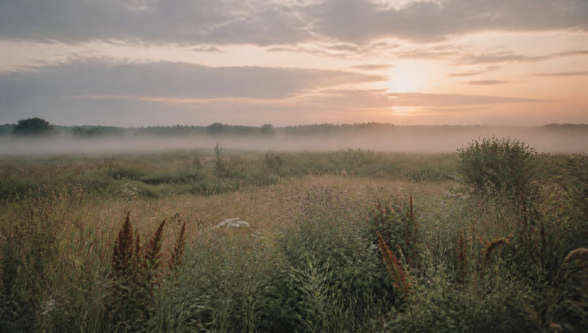 Misty prairie field at dawn near Edmonton, Alberta
