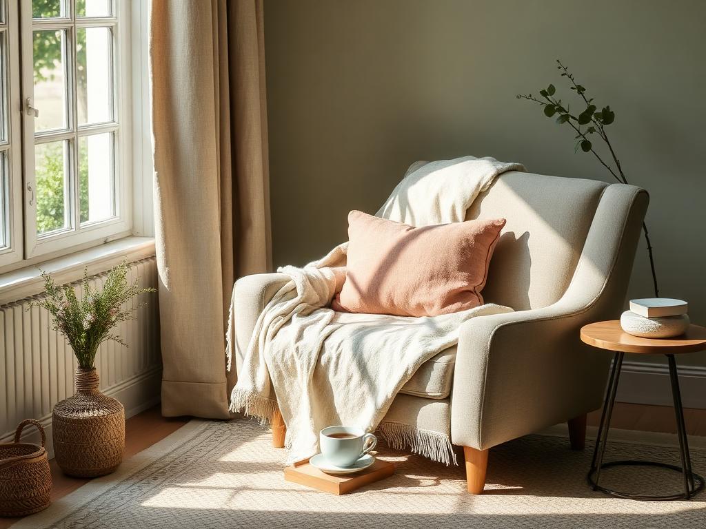 A quiet armchair with a blanket and tea in morning light