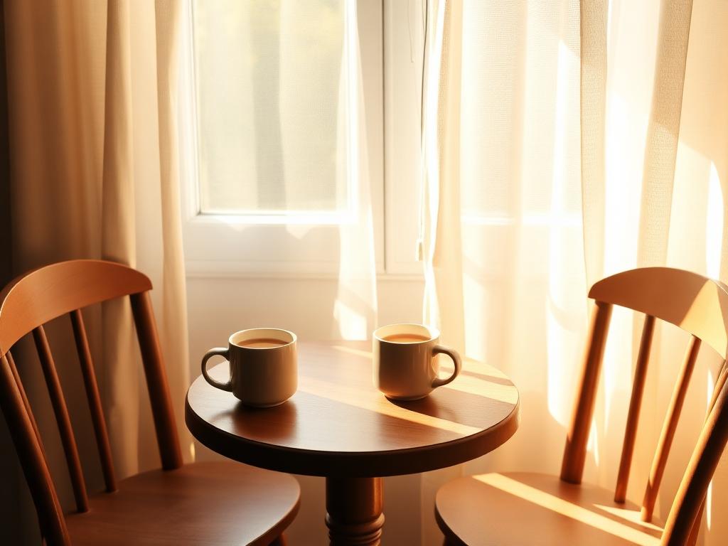 Two mugs of tea on a small table by a sunlit window