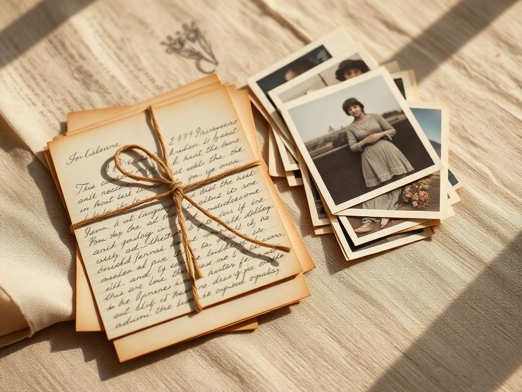 Handwritten letters tied with twine beside old photographs