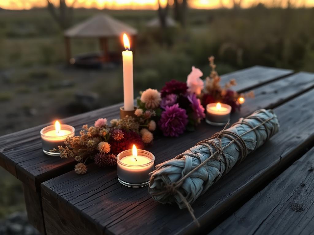 Candles, dried flowers and a sage bundle on a wooden table at dusk