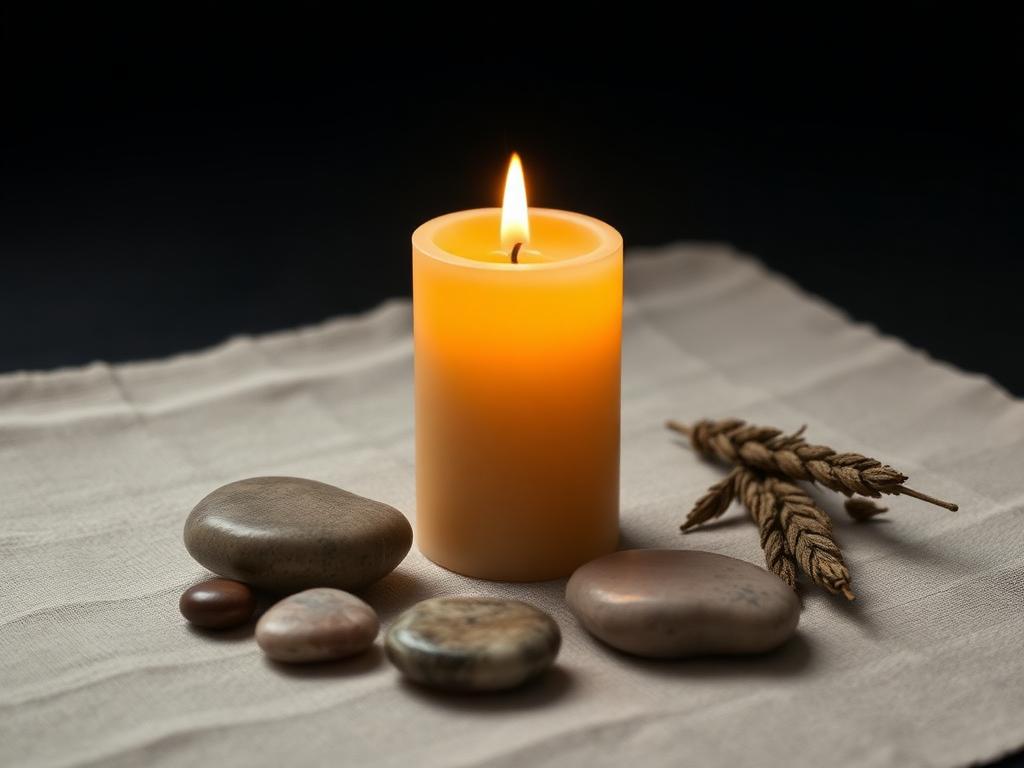 A lit beeswax candle beside smooth stones and dried sage